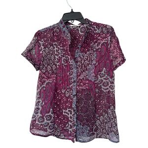 Christopher & Banks Womens Short Sleeve Paisley Pintuck Button Front Blouse S